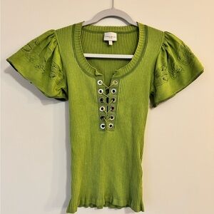 Karen Millen Olive Lace-Up Ribbed Blouse